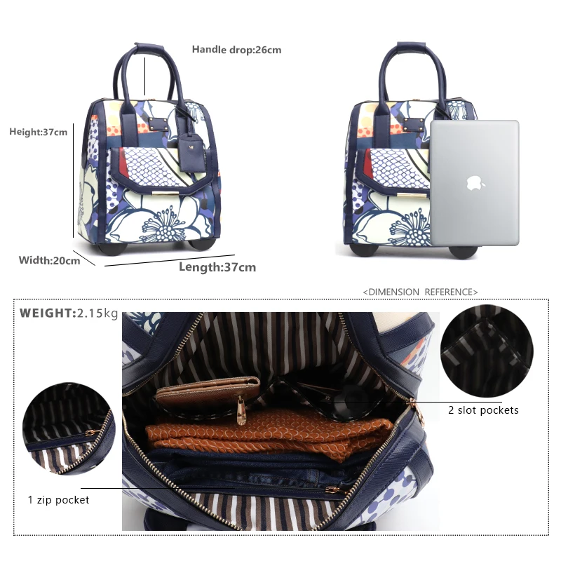 SC Women Beauty Travel Suitcase Case on Wheeled Carry Flight Hand Pattern Leather Girl Trolley Rolling Laptop Pocket Luggage