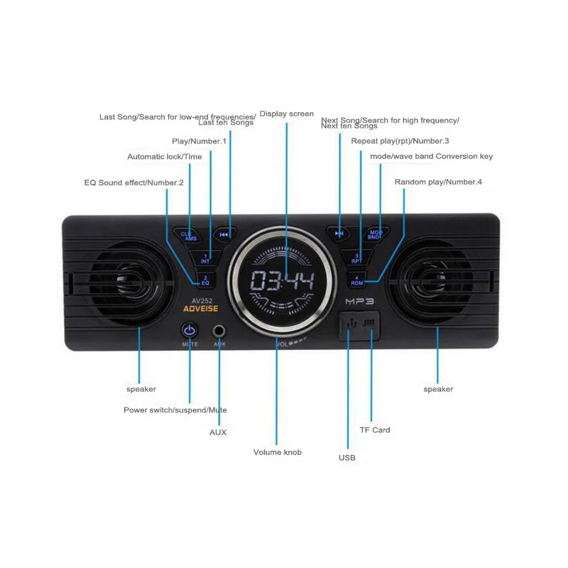 12 в 1 Din автомагнитола автомобильный стерео аудио mp3-плеер Bluetooth Handfree Встроенный 2 динамика в тире FM USB SD AUX в AV252