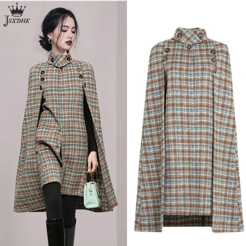 

2021 Women Winter New Woolen Coat Fashion Temperament Rretro British style Thickening Mid-Length Plaid Double-Sided Cloak Coat