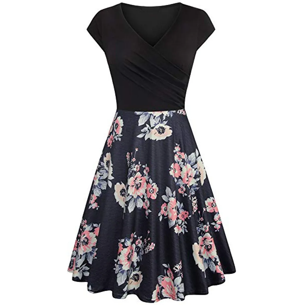 

Fashion Women's Dresses Summer Spring Cross V- Neck Casual Robe Vintage Elegant Flared A-Line Sundress Beach 1 Female Vestidos