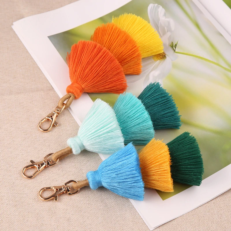 

Handmade Women Colorful Boho Pom Pom Tassel Bag Charm Key Chain Fashion Jewerly National Bohemian 3 Layer Tassel Pendant