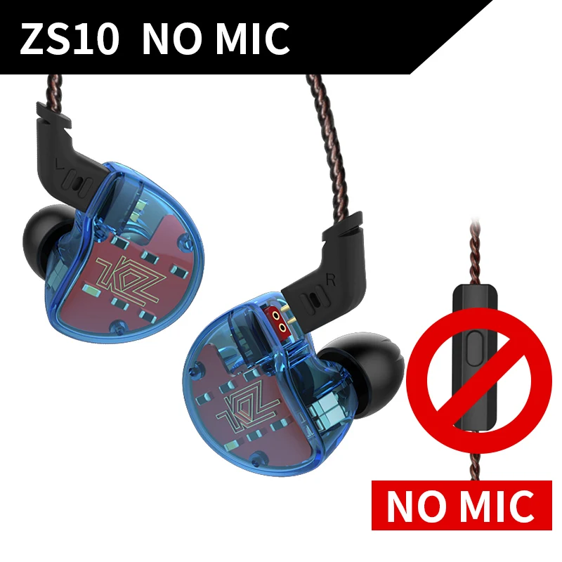 Blue NO mic KZ ZS10 наушники 4BA+ 1DD динамические арматурные наушники HiFi бас гарнитура шумоподавление в ухо Мониторы гибридные наушники - Цвет: Blue NO mic