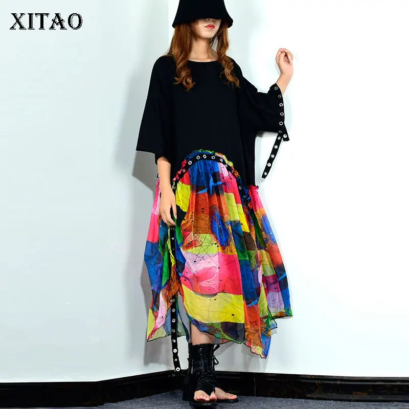 XITAO Tide разноцветное платье средней длины с круглым вырезом и асимметричным