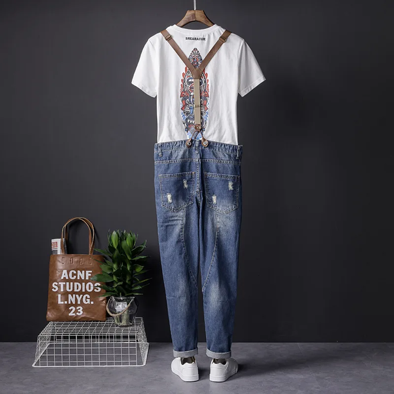 Ripped Overalls Men Jeans Bib Removable Waist Streetwear Hip Hop Hole Denim Jumpsuits Trousers Leisure Tattered Freight Pants