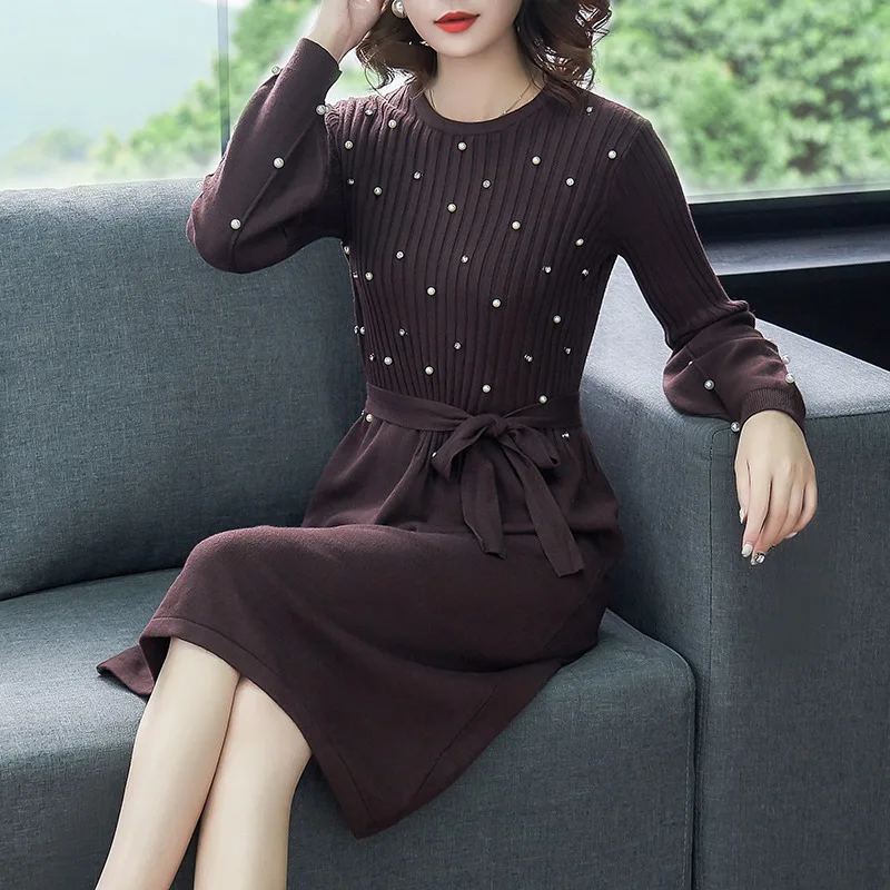 

2021 spring and autumn new fashion loose outer wear lace beads round neck long sleeve knitted sweater dress women