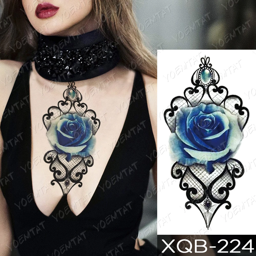 

Waterproof Temporary Tattoo Sticker Blue Rose Peony Flowers Flash Tattoos Cross Rosary Body Art Arm Fake Sleeve Tatoo Women Men