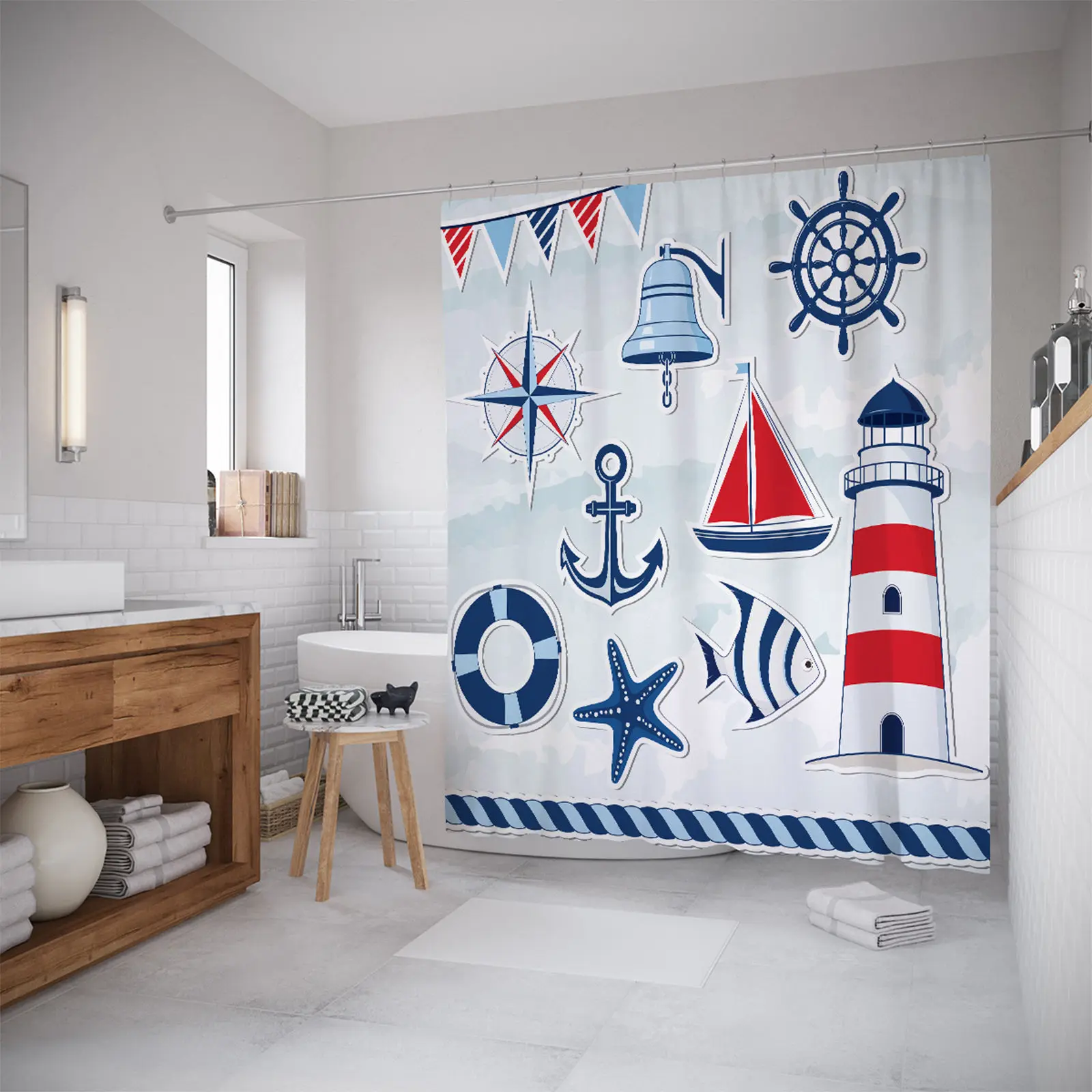 

Anchor Navy Theme Decor Bathroom Shower Curtain Cartoon Pattern Bathroom Curtain Bath Decor Set Polyester Cloth Fabric With Hook