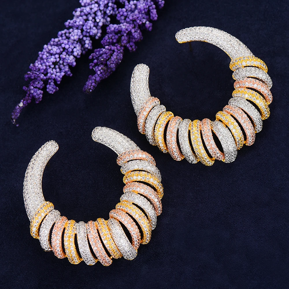 

Jimbora 48mm Luxury 3 Tone Circle Wire Stud Earrings for women Wedding Cubic Zircon CZ Dubai Bridal Earring Bohemian Hot 2020