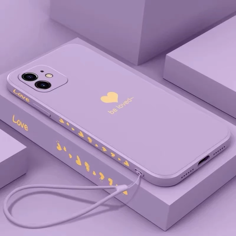 

Luxury Ultra-thin Love Heart Square Phone Case For iPhone 13 12 11 Pro Max XS Max XR X 8 7 Plus Hand Lanyard Soft Silicone Cover