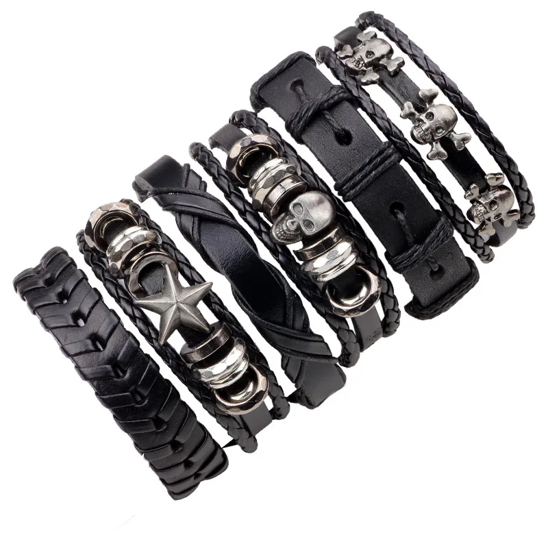 

1 Set/6 Pcs Trendy Skull Star Leather Bracelets Woven Braceletes For Men Fashion Jewelry Accessories Gifts