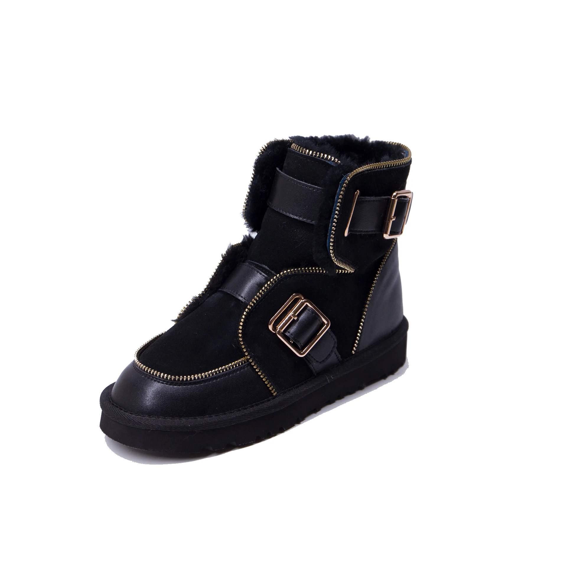 

Kmeioo Women Snow Boots Genuine Leather Round Toe buckles Platform Winter Wool Ankle Boots comfortable walking flat shoes