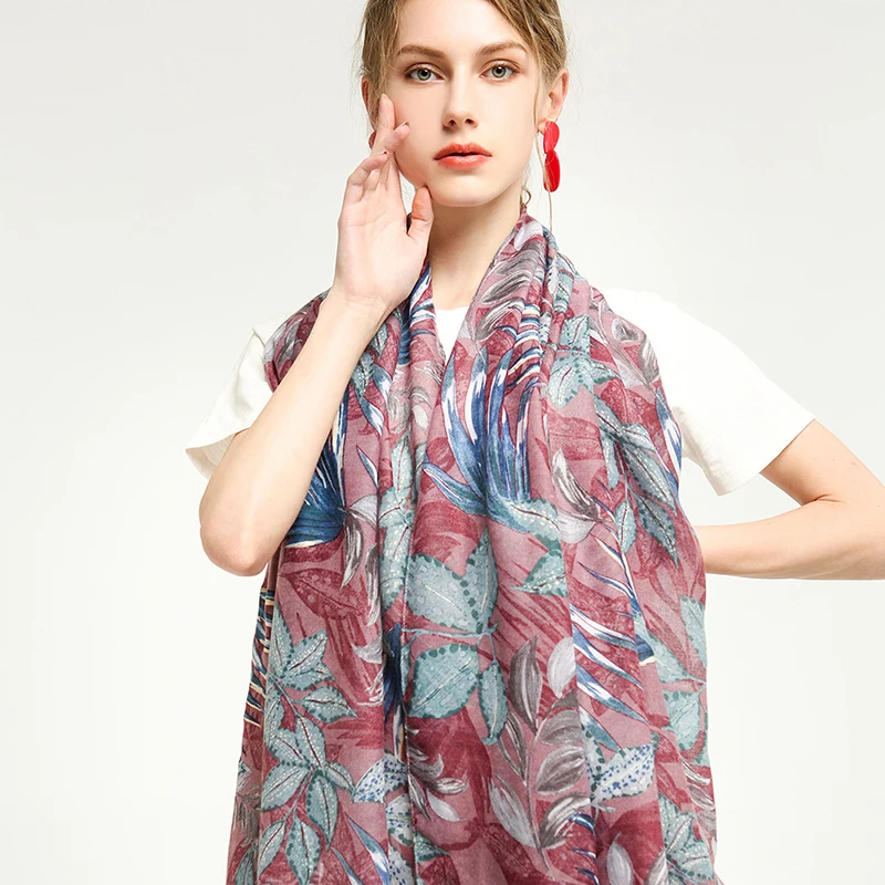 

2020 New Fashion Autumn And Winter Blended Women Shawl for Ladies Towel New Leaf Printed Soft Scarves For Women 90*180cm