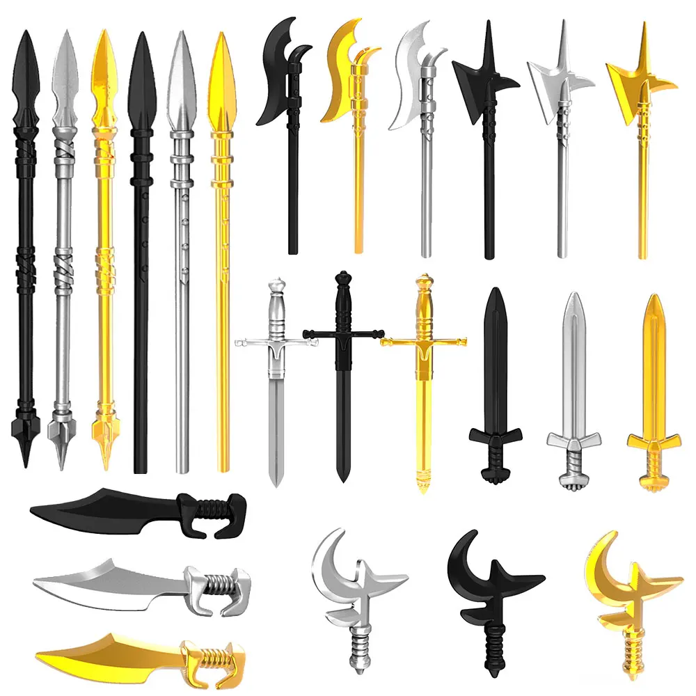 

24pcs/lot Figures Medieval Knights Rome Weapons Gold Lance Ax Sword Weaponry Part Building Blocks Bricks Gift DIY Kids Toys