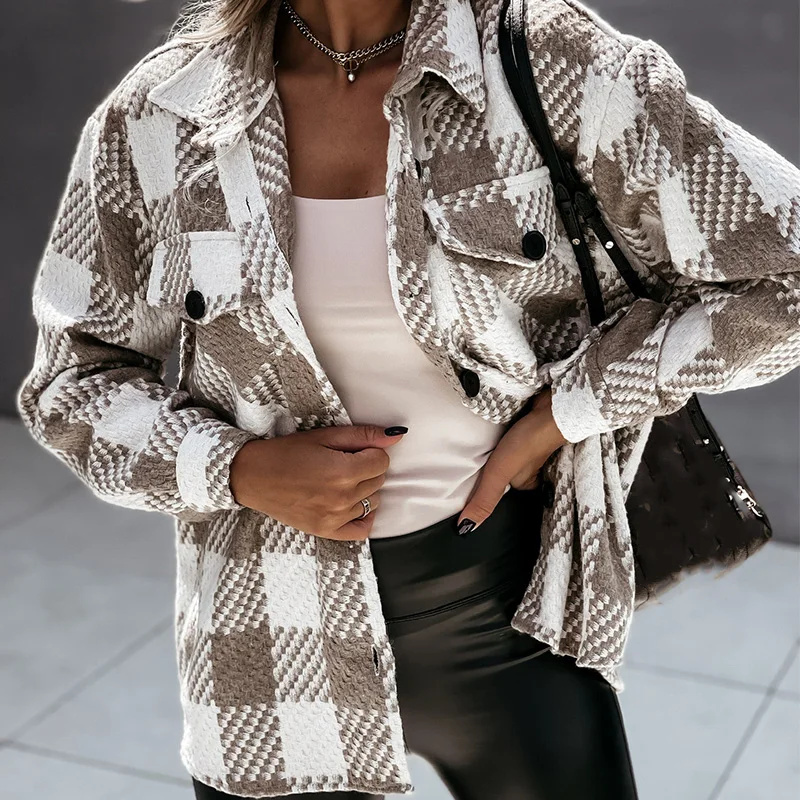

2021 jacket jacket ladies fashion autumn long-sleeved plaid jacket casual street modern houndstooth black and white grid