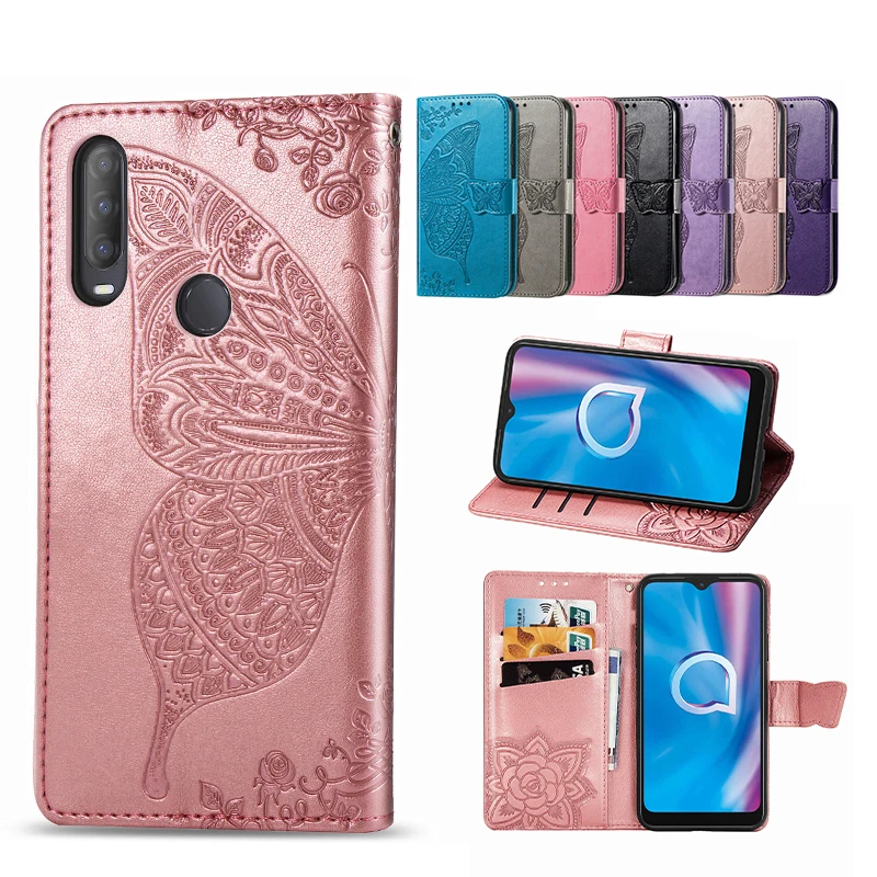 

Fashion Solid Color Butterfly Embossed Leather Phone Case For Alcatel 1S 1L 3L 3X Invisible Bracket With Card Slot Cases Cover