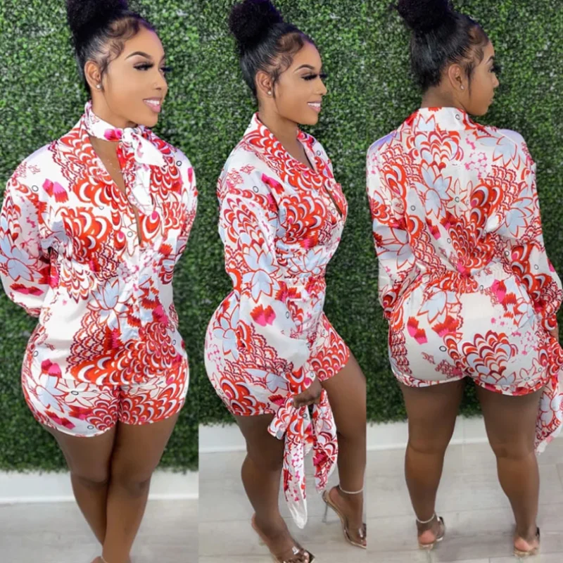 

2021 Summer Women Red Print Long Sleeve Blouses Top Shirts And Mini Shorts Set Y2K Casual Three Piece Sets Party Sexy Outfits