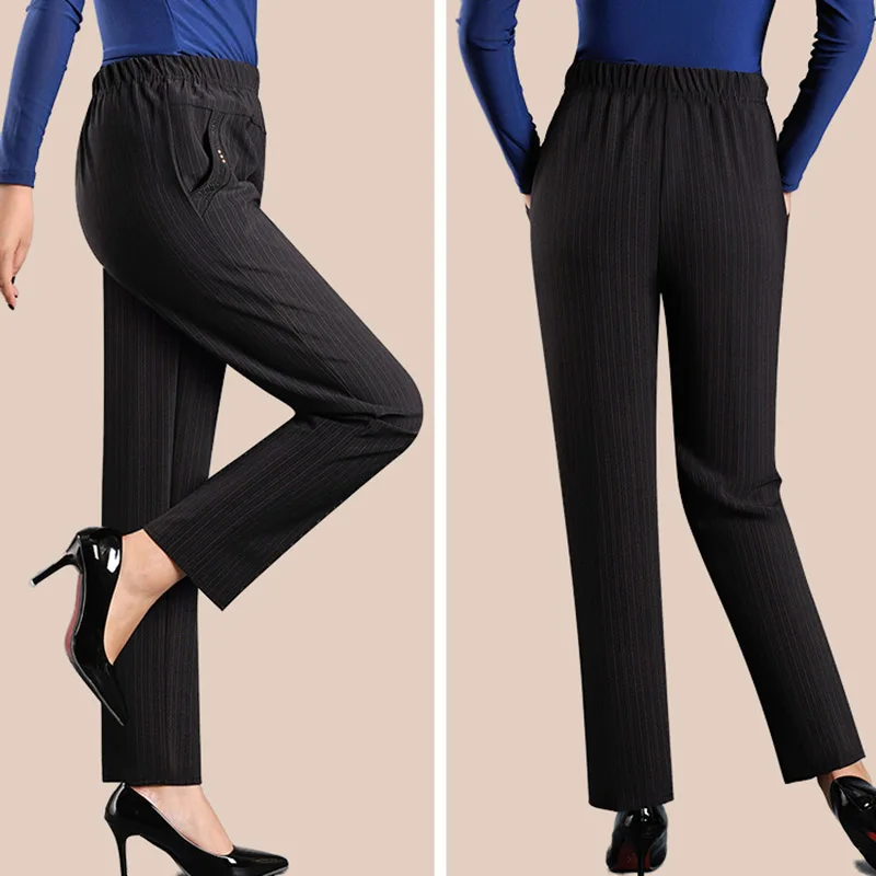 Office Lady Black stripe Suit Pants Women High Waist Solid Long Trousers Fashion Pockets Pantalones Plus Size | Женская одежда