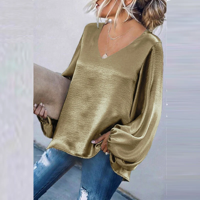 

Fashion Autumn Ladies Commute Blouse Shirts Elegant V-Neck Simple Solid Color Women Tops Pullover Spring Casual Long Sleeve Tops