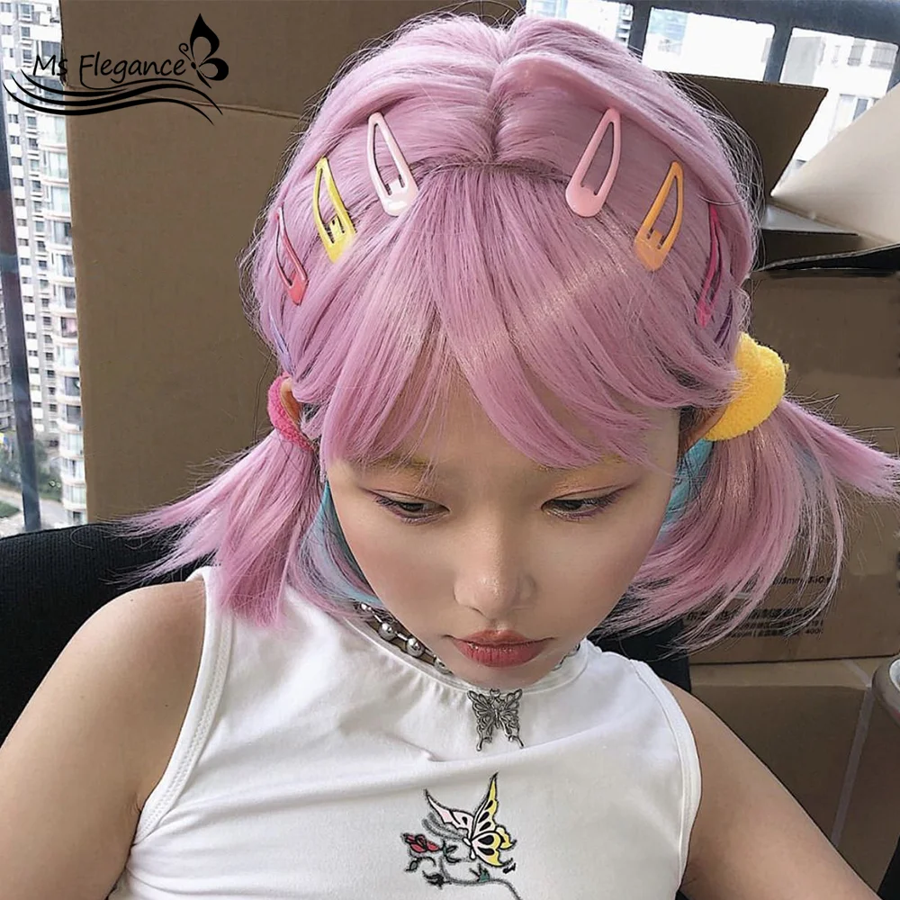 

MS FLEGANCE Pink Short Straight Bob Wigs Cosplay Synthetic Wigs With Bangs Grey Purple Green Lolita Fake Hair Daily Party Wigs