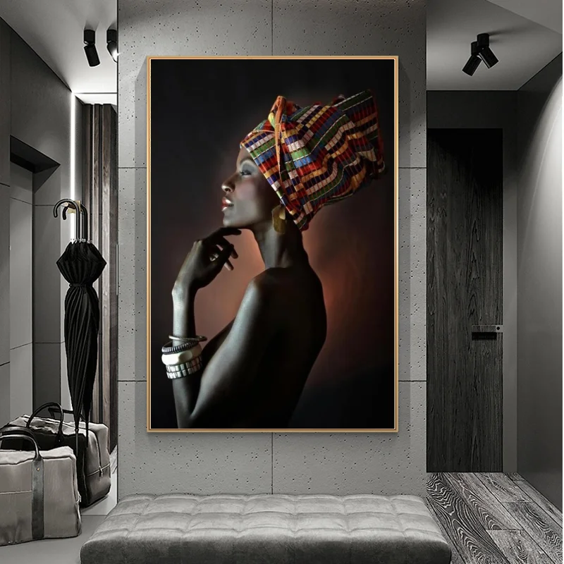 

African Art Black Woman with Headwear Canvas Paintings on The Wall Art Posters and Prints Canvas Pictures for Living Room Decor