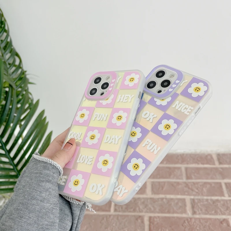 cute cartoon lattice flower korea phone case for iphone 12 11 pro max x xs max xr 7 8 puls cases blu ray soft silicone cover free global shipping