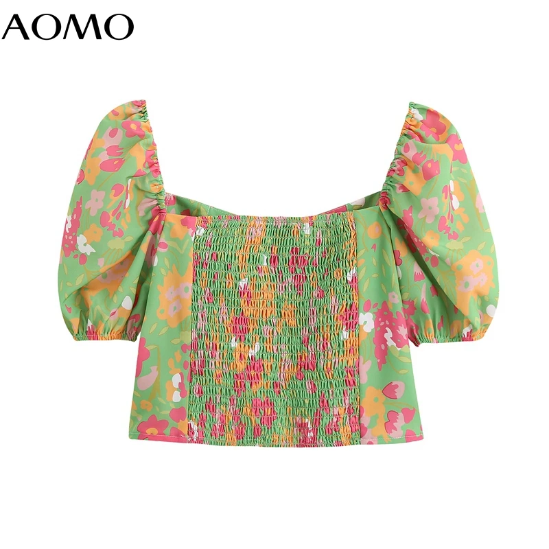 

AOMO women retro print green crop shirt short sleeve 2020 summer lady sexy slim shirt tops BE692A
