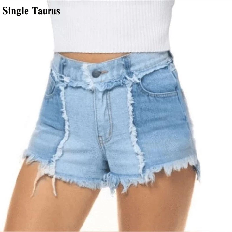 

2021 Women Clothing Tassel Patchwork Jeans Short Fashion Casual Ropa De Mujer Ripped Sanding Cotton Spandex Denim Blue Shorts