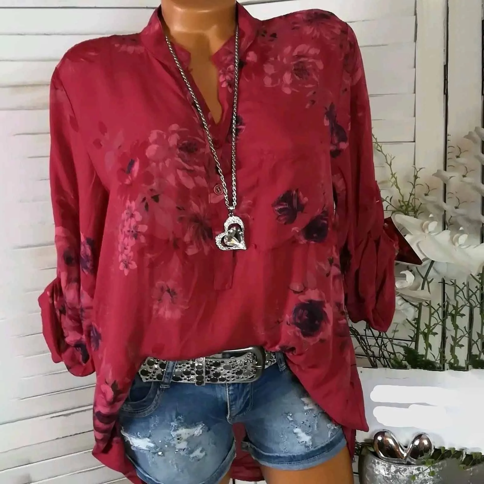 

2021Tops Plus Size Women Blouse V-neck Long Sleeve Blouses Flower Print Loose Casual Shirts Womens Tops Pullover Blouses