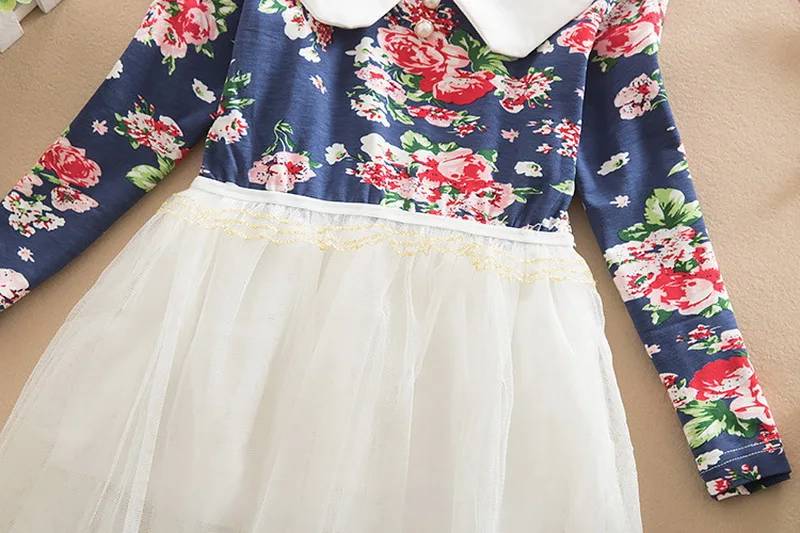 Детское зимнее платье с цветочным рисунком кружевное длинным рукавом для