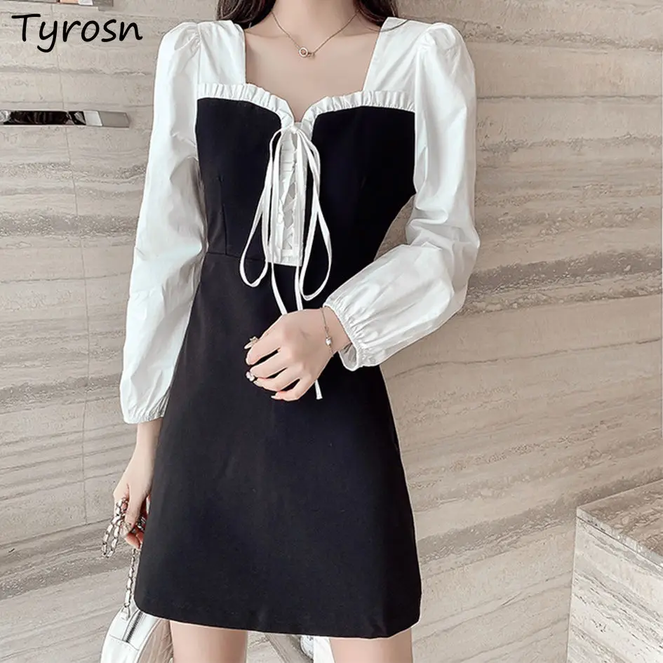 Long Sleeve Dress Women Design Square Collar Fake Two Pieces Belt Vestidos Mujer Empire A-line Black Sexy Mini Dresses Ulzzang