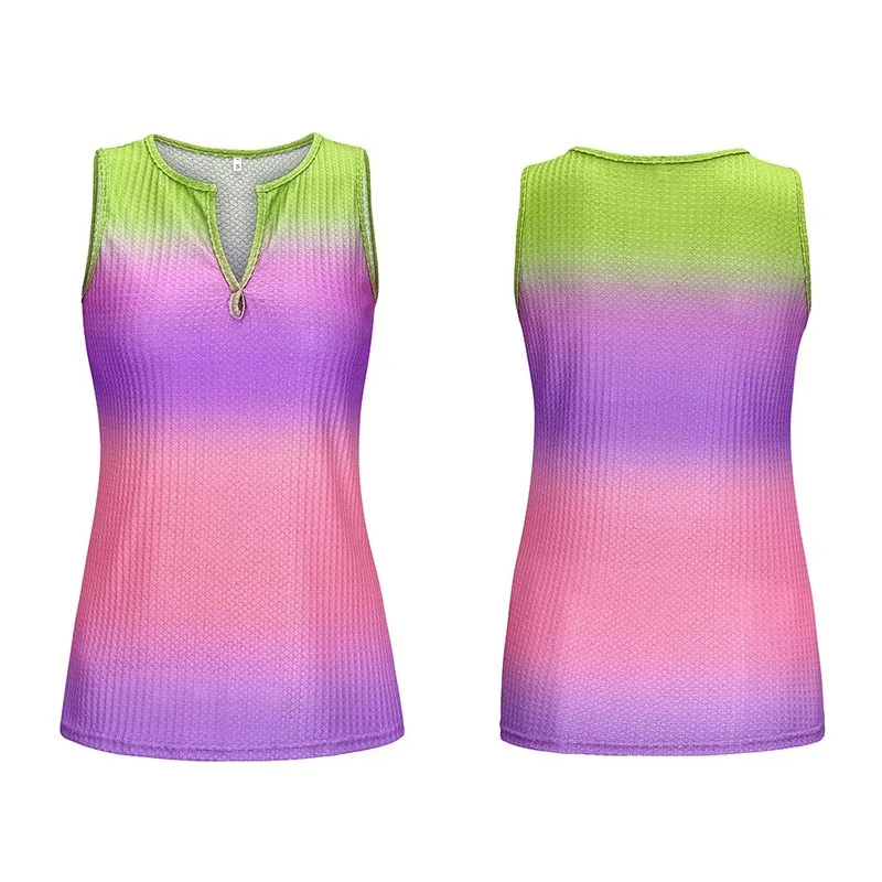 

Rainbow Gradient Vest Streetwear Womens Clothing Linen Casual 2020 Summer Top Women's V-neck Tie-dyed Printed Sleeveless Knit