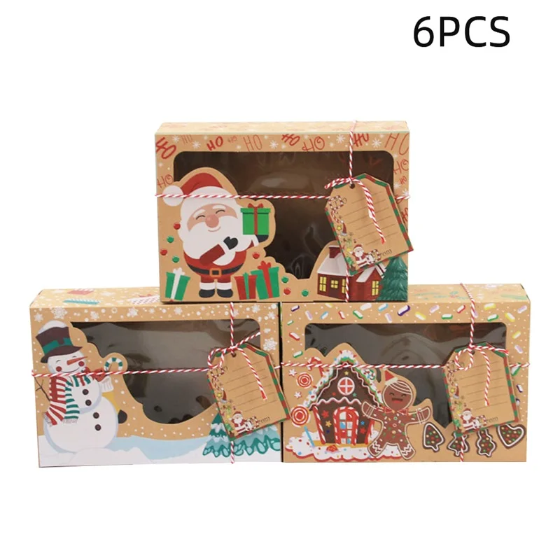 

6pcs Kraft Paper Candy Box Portable Christmas Gift Box Party Favor Holders Cookie Boxes With Snowman Santa Claus Gift Card