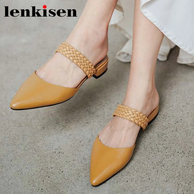 

lenkisen new genuine leather square low heel pointed toe weaving style summer shoes elegant mules yellow color women sandals l16