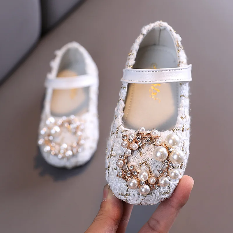 

Girls Shoes Pearls Princess Shoes Costume Tweed Baby Kids Children Mary Janes Shoes Plaid Bead Toddlers Non-slip Spring Autumn