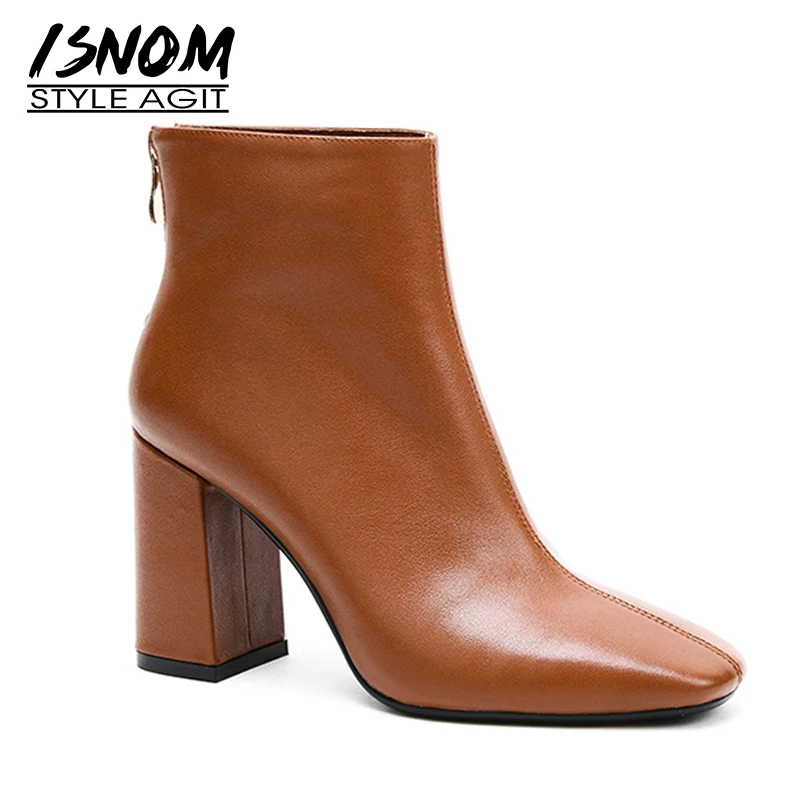 

ISNOM Autumn&Winter Women Pure Genuine Leather Ankle Boots Square Toe Rubber Riding Lady Thick High Heel Zipper Shoes K31