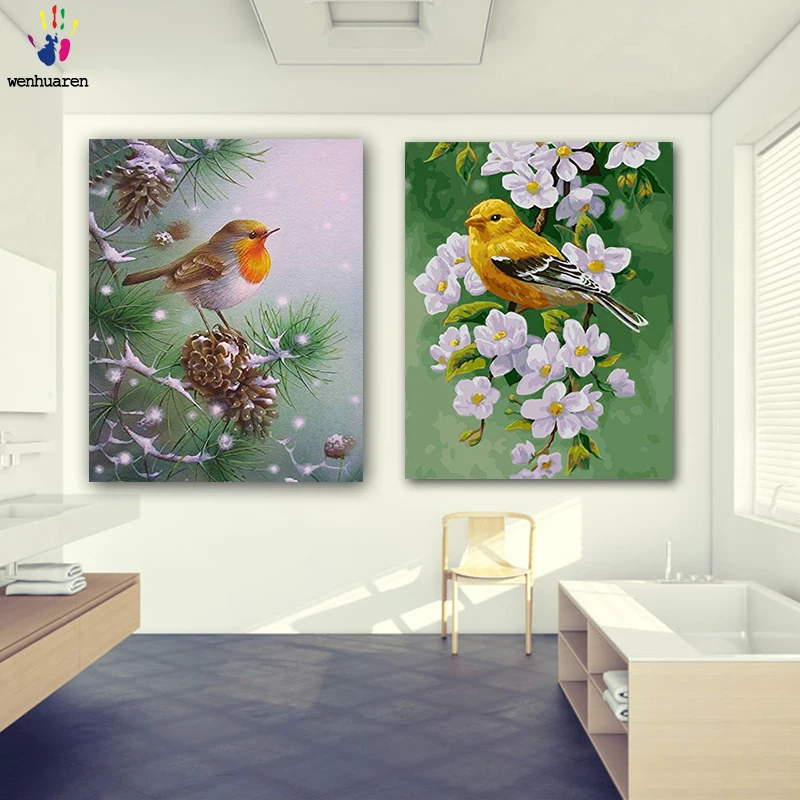 DIY картинки для раскраски по номерам с цветами Маленькая желтая птица на отруби