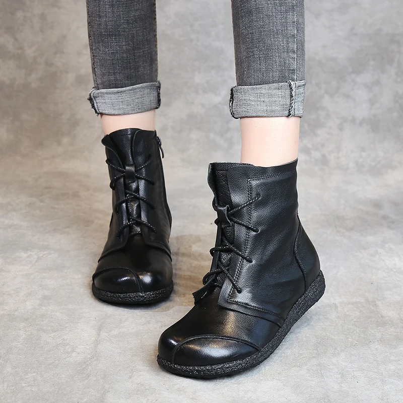 

BEYARNE Lace Up Women Genuine Leather Ankle Flats With Vintage Lady Shoes Retro Solid Black Ankle Boots For Women