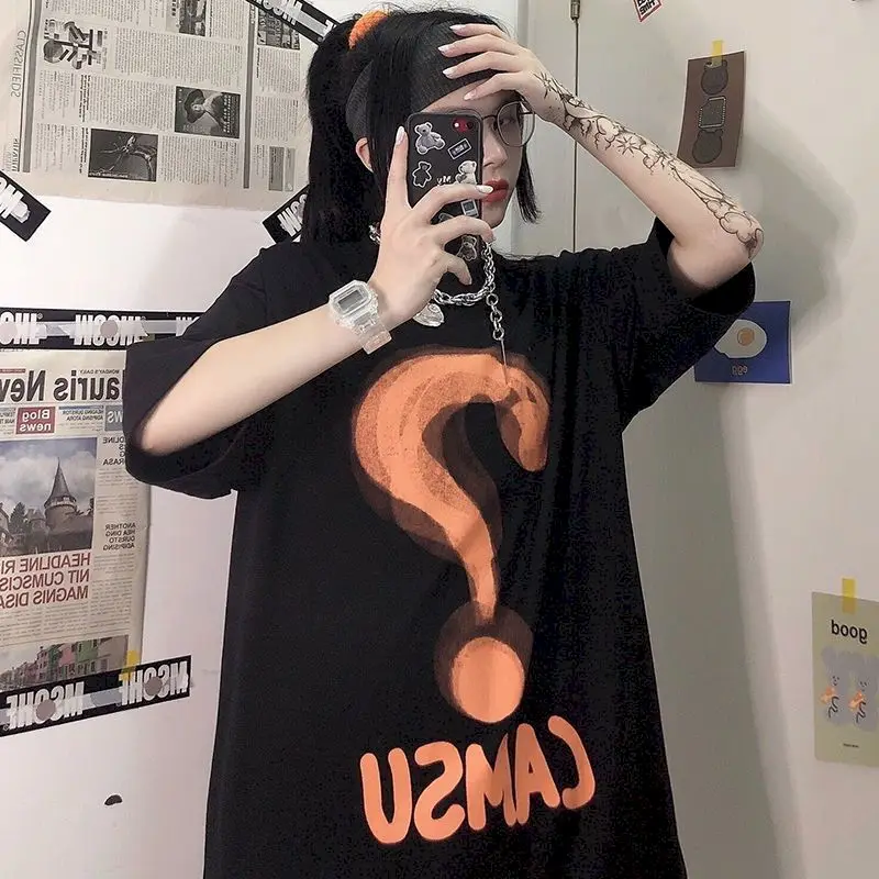 

High Street T-shirt Short Sleeve Oversized Female Question Mark Print Loose Casual Summer Harajuku Style Funny Women Fashion Top