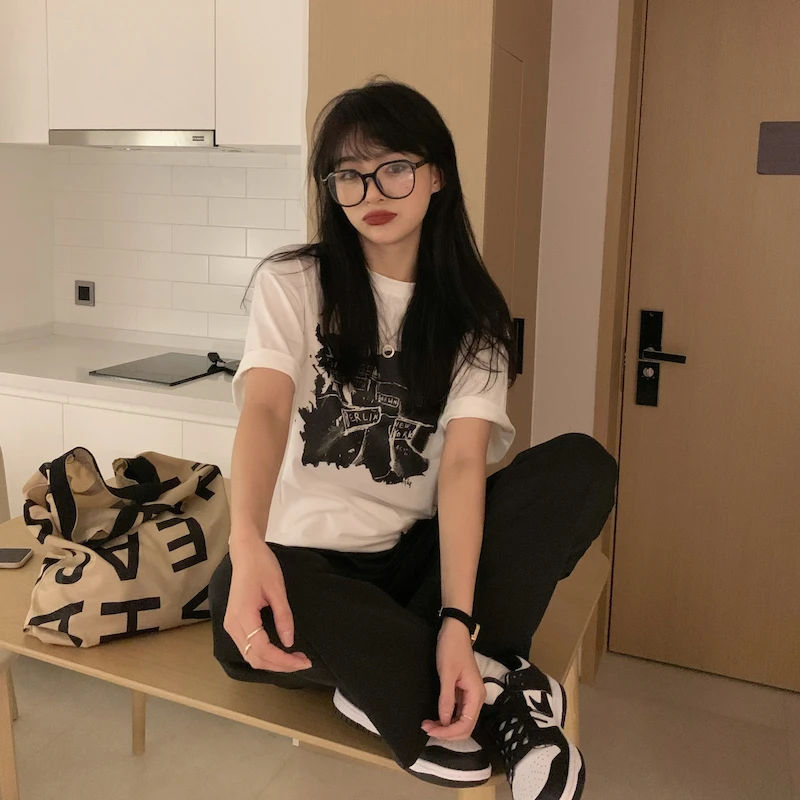 

YTX1100 2021 new Korean version of the BF style loose couple mid-length western style short-sleeved T-shirt
