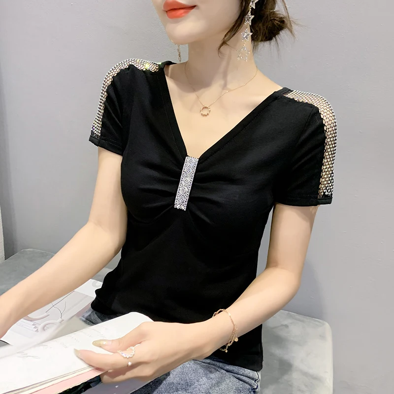 

2021 Summer Short Sleeve V-Neck Mesh Tops Fashion Sexy Hollow Out Solid Color Women T-Shirt Plus Size Diamond Blusas