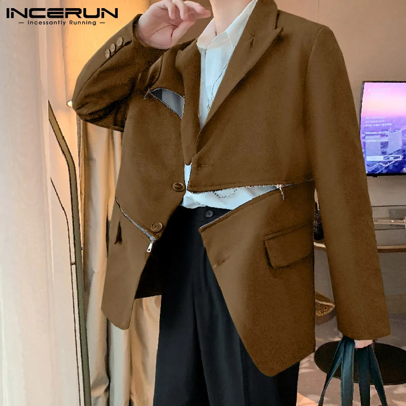 

Блейзер INCERUN мужской на одной пуговице, повседневный однотонный пиджак с отложным воротником, длинным рукавом, на молнии, модная тонкая верх...