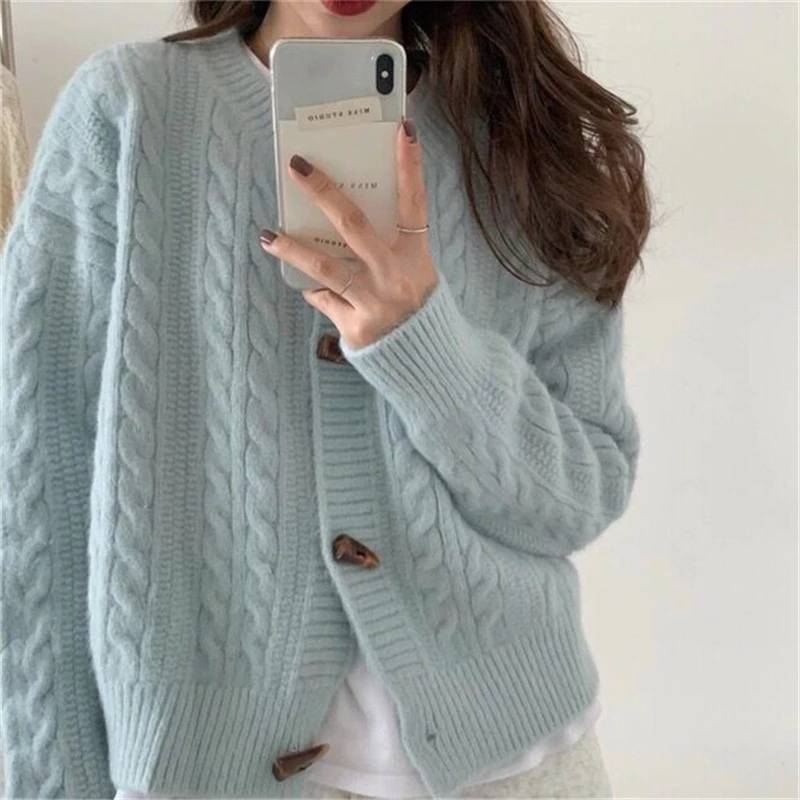 

SYJ New 2021 Women's Sweaters Winter Spring Horn Buttons Cardigan Knitted Vintage Oversize Korean Wild Tops SWC1263JX