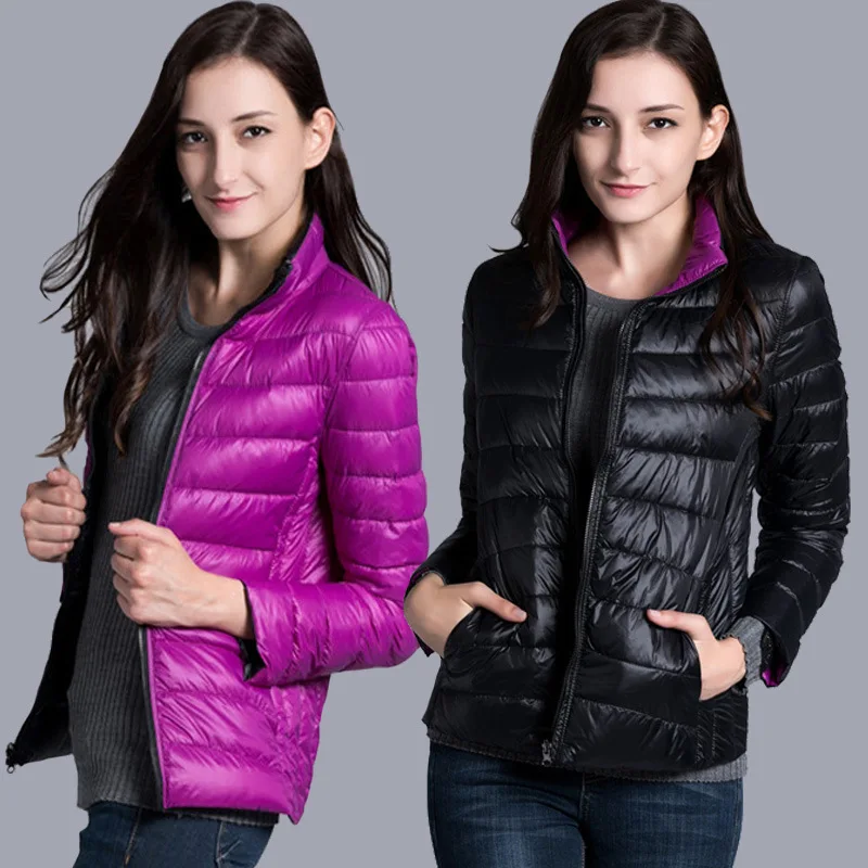 Women Down Jackets Super Light Thin Style 2019 Fall Autumn Winter Female Slim Short Coats Stand Collar Fashion Double-sided Wear | Женская