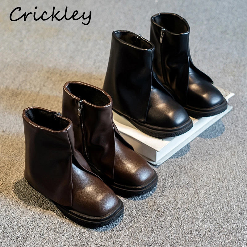 

New Solid Children's Boots Spring PU Leather Zip Anti Slip Ankle Chelsea Shoes For Girls Turned over Edge Kids Fashion Boots