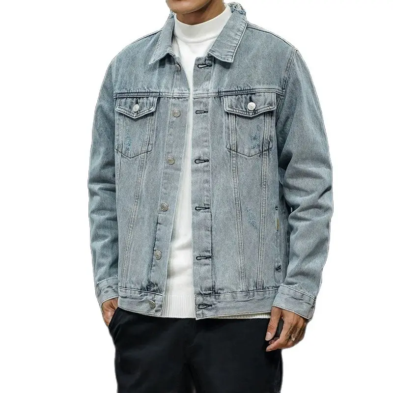 

Nice Pop Denim Jacket Men Hole Retro Motorcyle Jeans Coat Men Fashion Streetwear Bomber Denim Jacket Mens Casual Denim Coats