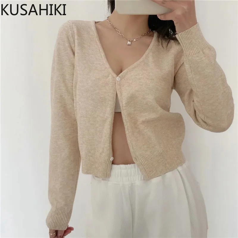 KUSAHIKI короткий женский вязаный кардиган 2021 Весна Новый длинным рукавом Свитер с V