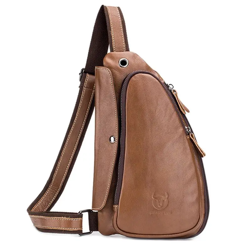 light brown BULLCAPTAIN мужские модные повседневные одноцветные сумки на плечо многофункциональные мужские повседневные сумки через плечо из натуральной кожи - Color: light brown