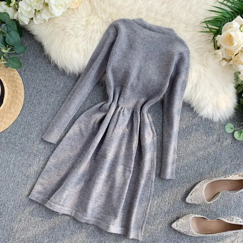 ALPHALMODA осеннее трикотажное платье с длинными рукавами и галстуком-бабочкой, милое женское платье с тонкой талией в консервативном стиле, трикотажное платье