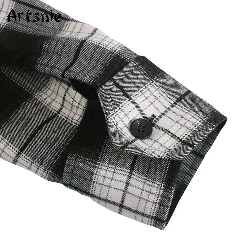 

Artsnie double pockets plaid shirt women autumn turn down collar long sleeve blouse tops vintage casual blouses blusas femme