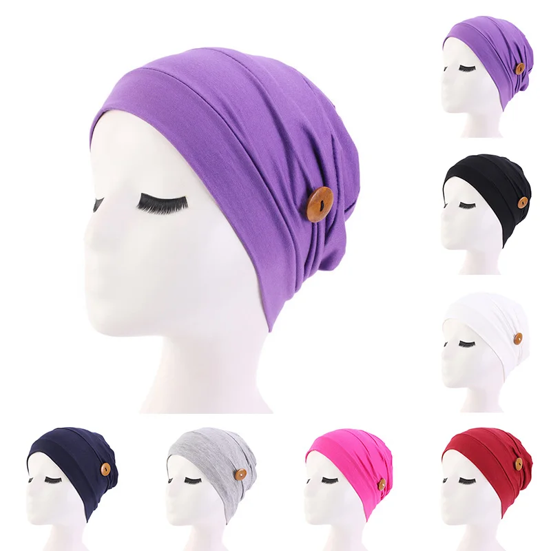

Новинка 2020, эластичная шляпа с пуговицами, женская шапка-тюрбан, шапка-хиджаб, однотонная шапка для сна, шапка для медсестры, женская мягкая ...